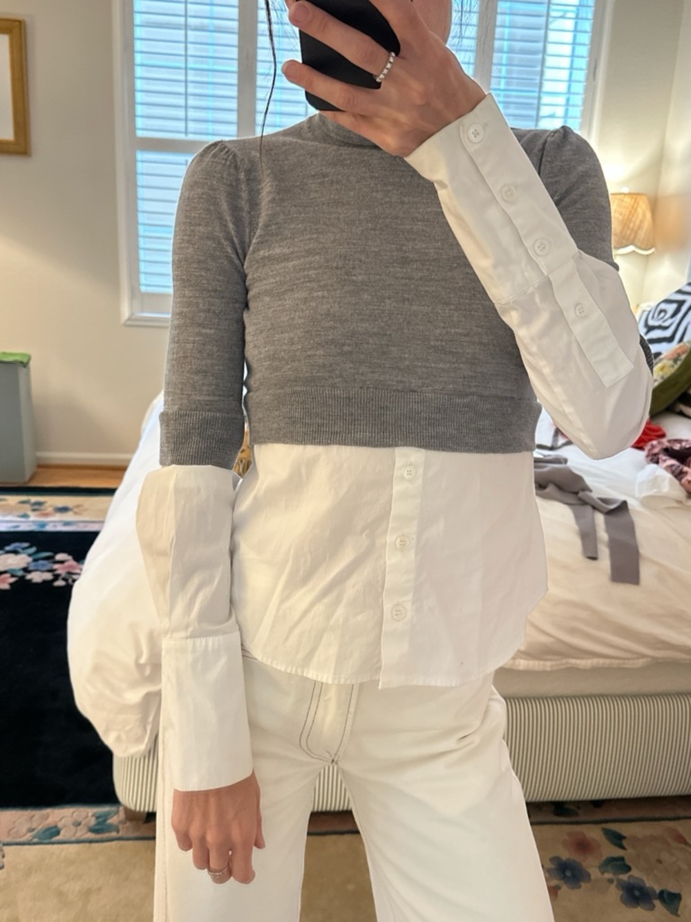 Veronica Beard Grey Knit Over White Layered Button-Up Top